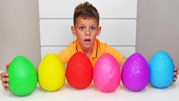 Learn colors with giant surprise eggs - blue, purple, pink, red, yellow, green