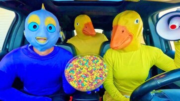 Colorful Cereal Car Ride with Duck Mask Friends and Blue Character Fun