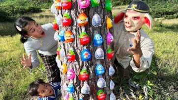 Kids Discover Mystery Egg Tree with Funny Mask Character Outdoor Adventure